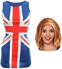 LADIES UNION JACK DRESS AND WIG SPICE GIRLS POP STAR COSTUME BRITISH FANCY DRESS