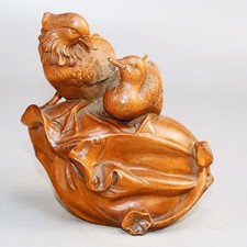 BY238 - 12 X 6 X 12 cm Boxwood Carving Figurine - Sweet Mandarin Ducks Pair