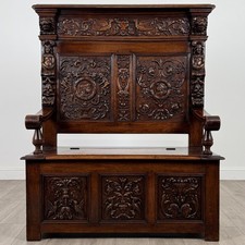 Antique 19th Century Finest Quality Carved Oak Settle ( REF AF-4224 )
