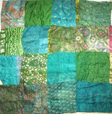 ON Vintage 30 Pcs Recycled Silk Sari Remnants/Fabric 8"X8" Fabric Scraps Green