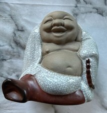 Vintage Crackle Glaze Laughing Buddha Figurine – Ceramic – 454g – Asian Decor