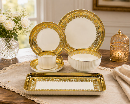 32pc white gold rim - gold, dinnerware
