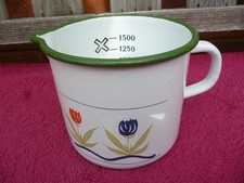 Vintage White Enamel Measuring Jug 1.5 Lt. With Flower Decoration.