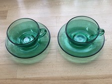 Pair Of Vintage Arcoroc France Green Glass Cafe Style Cups And Saucers VGC 3of 3