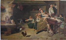Large antique oil painting on wood interior scene Restoration Project