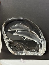 Large Mats Jonasson Lead Crystal Glass/Paperweight Jumping Dolphins Signed