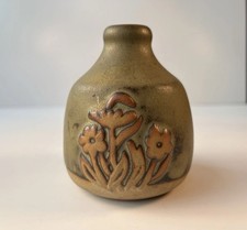 Small Handmade Studio Pottery Vase Floral Relief Design Green Brown Glaze