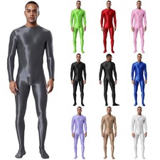 UK Men Glossy Stretchy Bodysuit See Through Full Body Leotard Mock Neck Lingerie
