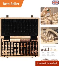 Stylish 15 Inch Walnut Inlay Chess Set with Staunton Pieces and 2 Extra Queens