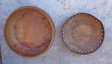Two COPPER bowls 1930s 1940s PATINA handcrafted FOOTED rustic PUNCHED stained