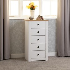 Panama Chest of 5 Drawers Tallboy Narrow White and Waxed Pine Bedroom Storage