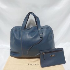LOEWE W Zipper Handbag  Mini Boston Bag Logo Leather Blue Authentic