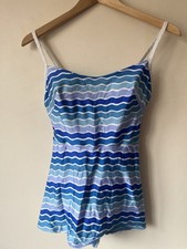 St Michael Blue Striped Swimsuit Size 14 Vintage 90s One Piece Retro Swimwear
