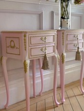 Stunning pair of Louis French Olympus bedsie tables in pink and gold
