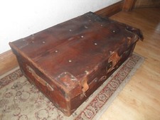 Antique Vintage LEATHER  TRUNK Travel Case SUITCASE  with WOODEN Ribbed