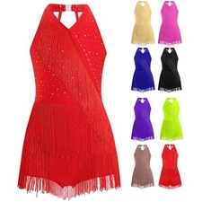 UK Girls Jazz Latin Dance Dress Glittery Rhinestones Tassel Jumpsuit Competition