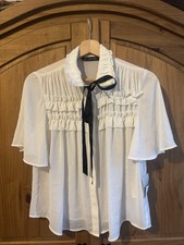 Zara Cream Ruffle Blouse w Black Bow Tie Pussy Bow Size xs