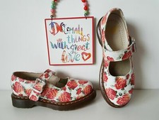 Dr Doc Martens Mary Jane flat shoes buckle roses floral red white UK4 EU37 US6 