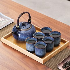 Japanese Tea Set with Teapot 6 Cups and Tray Traditional Style Ceramic Set