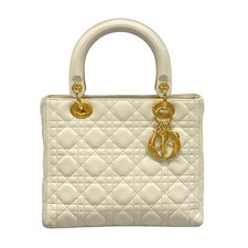 Auth DIOR/ChristianDior Lady Dior Medium Bag Cream Lambskin Handbag