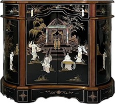 Chinese Oriental Black Lacquer Mother of Pearl Shaped Sideboard Cabinet