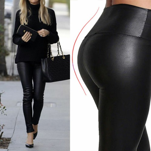 Black wet look leggings high - black,