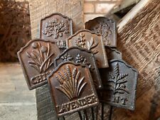 SET OF 8 CAST IRON RUSTIC HERB STAKES - METAL GARDEN ORNAMENTS