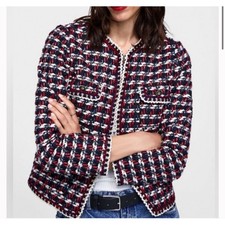 Zara Basic Womens Academia Preppy Tweed Career Americana Blazer Jacket Size L