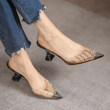 Women Clear Rhinestone Pointy Toe Strap Kitten Heel Slingback Sandals Pump Shoes