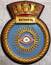 HMS Watchful Ship Crest Plaque – Hand-Painted, Solid Mahogany Mount, 862g
