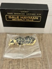 Vintage Gale Hayman “Lucky” Leopard Hand Enameled Leopard Pin. Gold Black