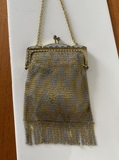 Victorian Chain Mail Purse Two-Tone Gold/Silver Silk Lined & Silk Handkerchief