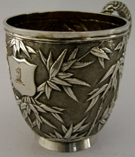 SUPER CHINESE EXPORT SOLID SILVER GRIFFIN FAMILY CREST MUG CUP c1890 ANTIQUE 84g