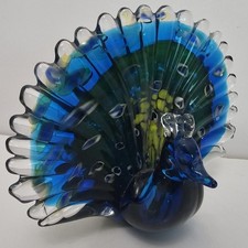 Murano style Vintage Hand-Blown Art Glass  Peacock Bird Figurine 7.5”H x 8.5”