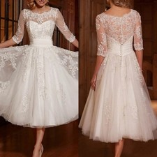 British Wedding Dress Tea Length White Ivory Half Sleeves Lace Tulle Bridal Gown