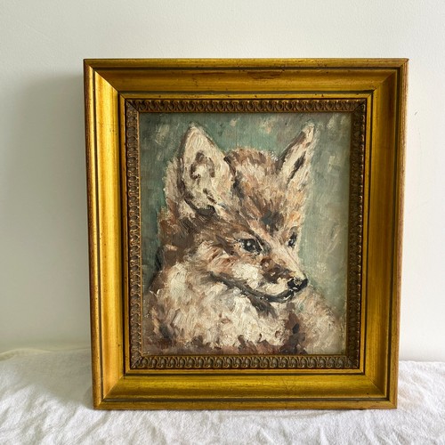Antique oil painting fox cub - painting,