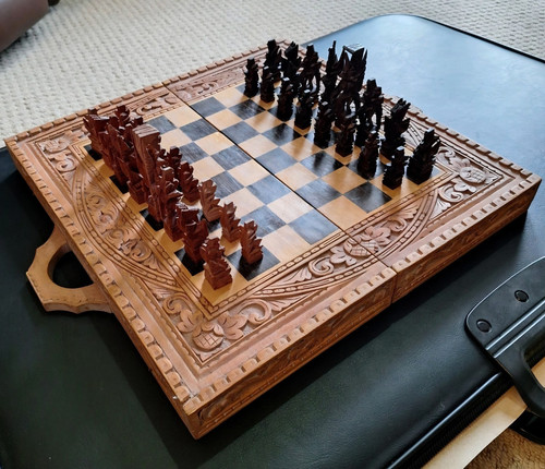 Carved wooden folding chess - carved,