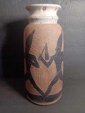 SIGNED Dahmen Tall Brown Pottery  Vessel Vase Carved SUMERIAN / EGYPTIAN DECOR 
