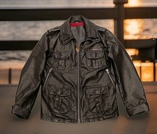 SUPERDRY Brad Leather Jacket Vintage Mens Medium M Black Biker Distressed Coat 