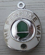 WALKING STICK BADGE WITH PINS - PENNINE WAY 50 YEARS OLD - BRASS CHROMIUM PLATED