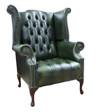 Chesterfield Real Leather Stocked Queen Anne High Back Chair Buttoned Green