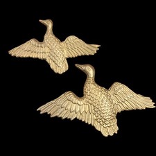 2x Small MCM Vintage Solid Brass Flying Ducks Geese Hanging Wall Art Taiwan