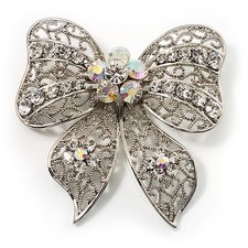Large Crystal Filigree Bow Brooch