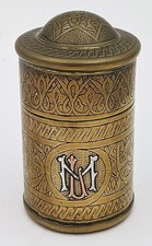 CAIROWARE ISLAMIC SILVER INLAY MONOGRAM BRASS CYLINDRICAL BOX c1920