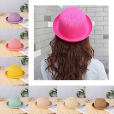 Women Ladies Straw Bowler Derby Hat Cap Roll up Clothe Summer Beach Sun Cap UK