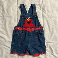 Vintage Sesame Street Elmo Heart Denim Short Alls 5t Girls