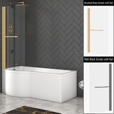 P Shaped Shower Bath Bathtub Front & End Panel with Brass Gold Black Screen Rail