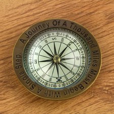 Vintage Journey of A Thousand Miles Quote Navigation Compass Brass Case Antique