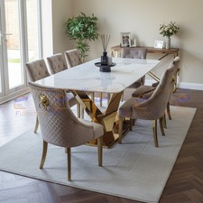 Valeo 180cm White Stone Large Gold Dining Table and 8 Seater Beige Velvet Chairs