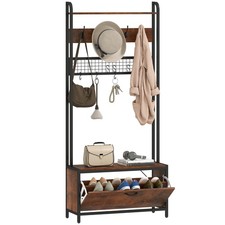HOMCOM Industrial Hall Tree Coat Rack Stand with Shoe Cabinet Rustic Brown